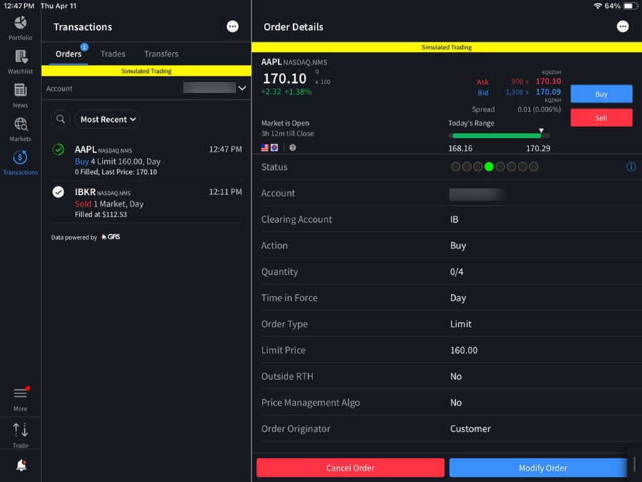 The orders & trades window on the iPad